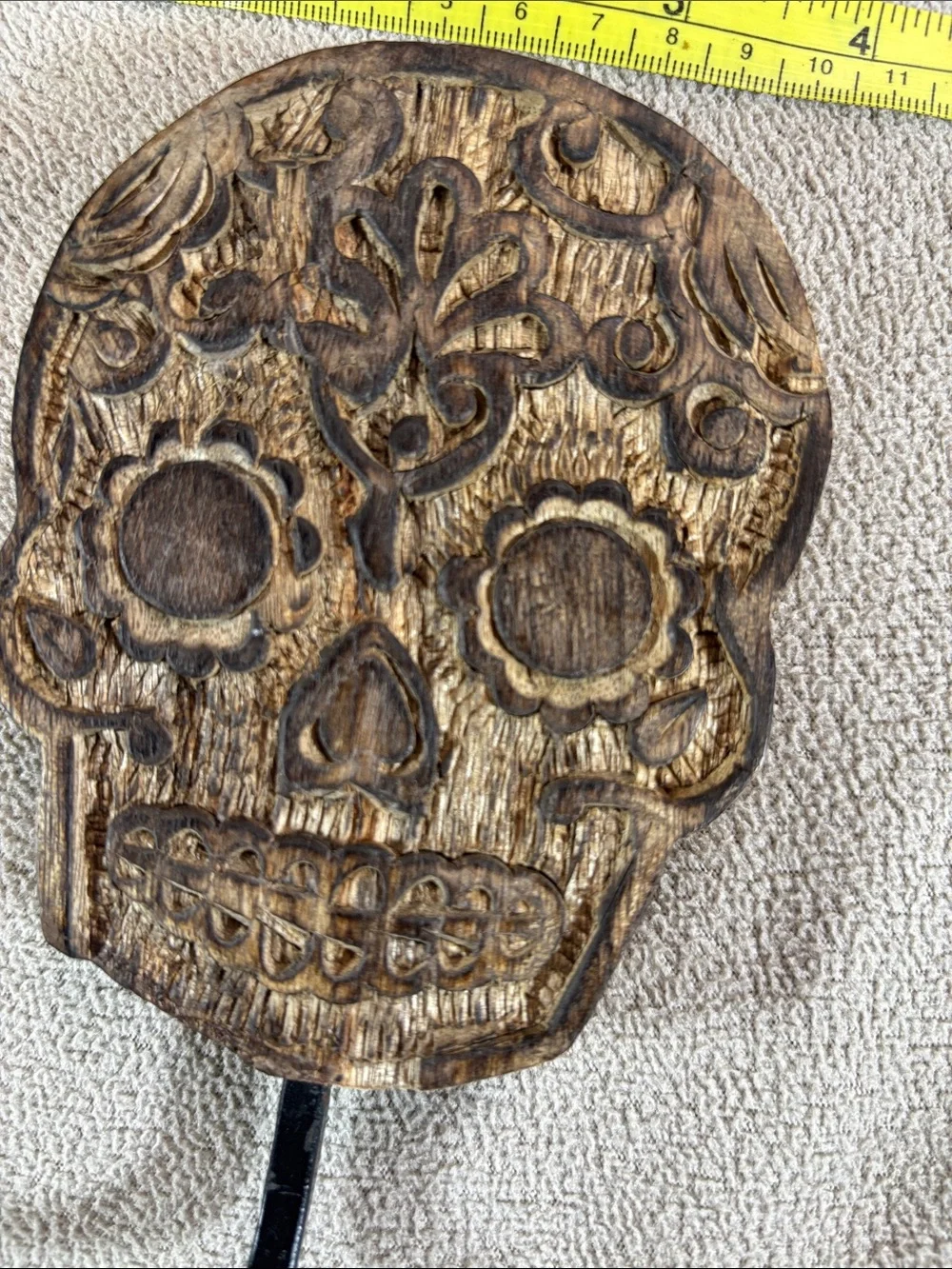 Carved Wood Sugar Skull Wall Hook 7” Day of the Dead Dia de los Muertos